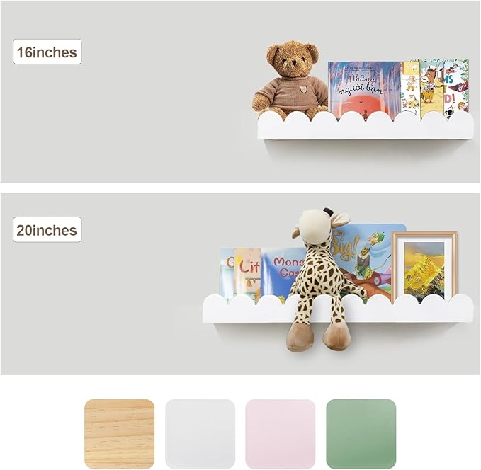 Floating Nursery Book Shelves, Scalloped Shelves for Kids Room 20 Inches, Nursery Bookshelf for Wall Set of 2, Nursery Shelves for Wall Wood, White