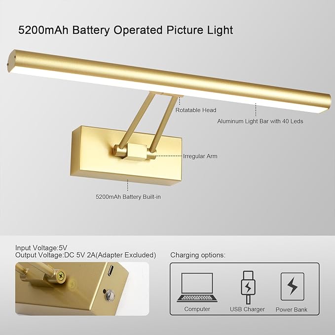 Picture Light,13.5" Art Light, Picture Light Battery Operated,3CCT Picture Frame Light,Wireless Picture Lights for Painting,Wall Display, Photo,Library Gold-Painted