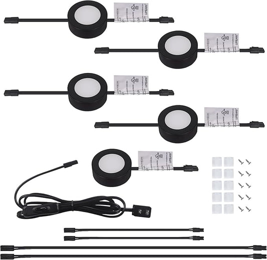LUMILAND Wired LED Puck Lights 120V (2.7Wx5) Plug-in Lighting Warm White, LED Cabinet Light for Kitchen Can Be Surface Mount or Recess Mount, Black