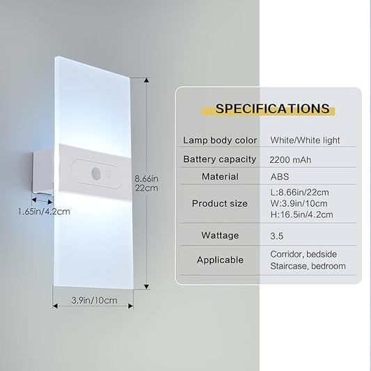 LED Dimmable Wall Sconces 2Pack,2200Mah Battery Operated Motion Sensor Magnetic Modern Wireless Wall Lamp with Button Switch Cold White for Bedroom Living Room Hallway