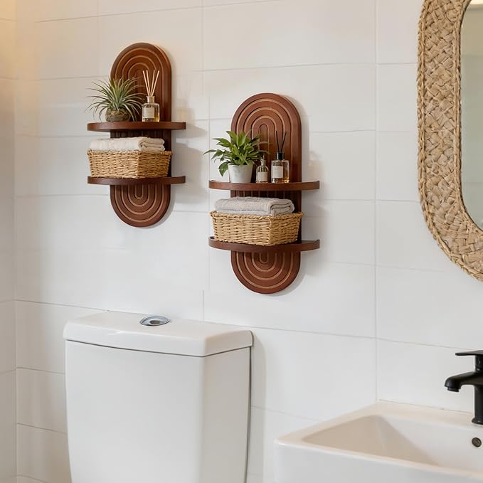 Mid Century Wall Shelves: Large 2-Tier Walnut Boho Floating Shelves Arched Modern Wall Decor for Bathroom Bedroom Living Room Entryway
