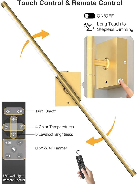 Battery Operated Wall Sconces Set of 2, 10000mAh Rechargeable Wall Lights with Remote, 360° Rotate 3000K-6000K LED Wireless Wall Light Fixtures Decor for Bedroom Living Room Hallway Picture Lighting
