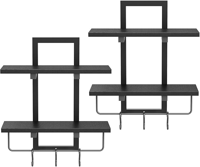 Floating Shelves, 15" Wall Shelf Set of 2, Hanging Bathroom Shelves 2-Tier, Wall Mounted Storage Shelves, for Living Room Bedroom Bathroom Kitchen Office Coffee Bar, Black