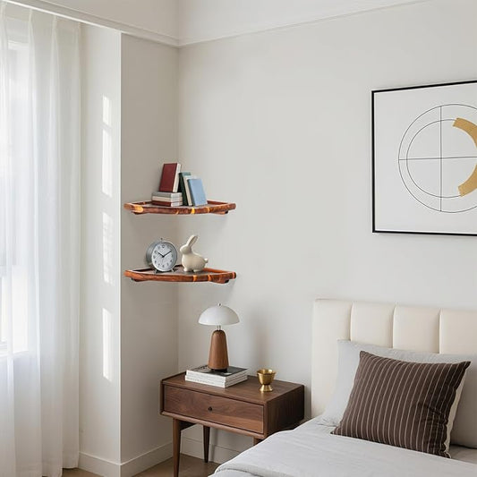Floating Corner Shelve, 10 Inch Acacia Wood Corner Shelf Set of 2, Corner Shelf wall Mounted for Living Room, Bedroom, Bathroom, Office, Kitchen (Acacia Wood)