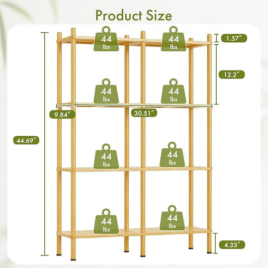 Book Shelf, 4 Tier Bamboo Bookshelf, Tall Bookcase with 8 Open Display Shelves Storage Organizer, Adjustable Bookshelves Standing Shelf Units for Bedroom, Living Room, Bathroom, Home Office