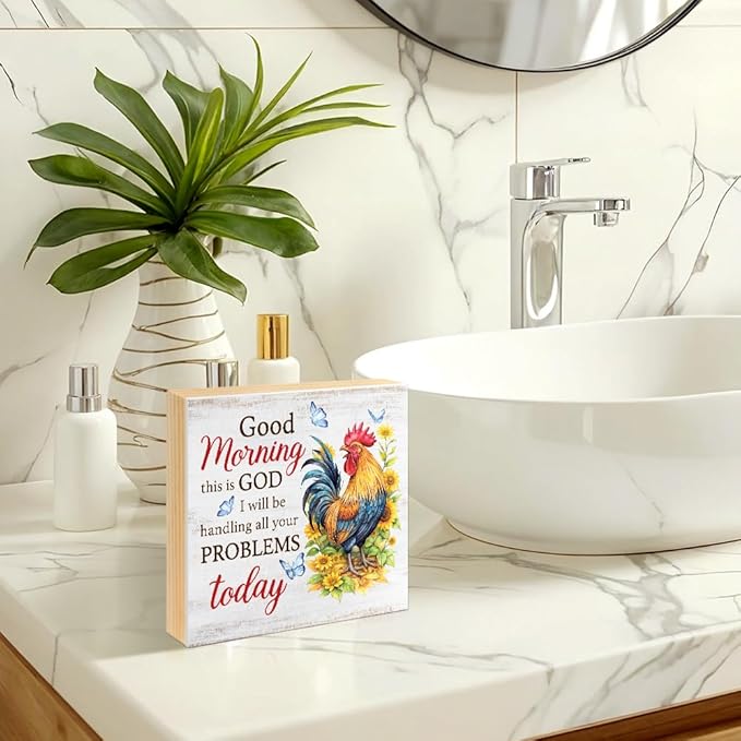 Good Morning This Is God I Will Be Handling All Your Problems Today Wood Block Plaque Box Sign for Home Living Room Coffee House Bar Shelf Table Office Decoration, Rooster Art Home Decor