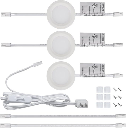 LUMILAND Wired LED Puck Lights 120V (2.7Wx3) Plug-in Lighting Warm White, LED Cabinet Light for Kitchen Can Be Surface Mount or Recess Mount, White
