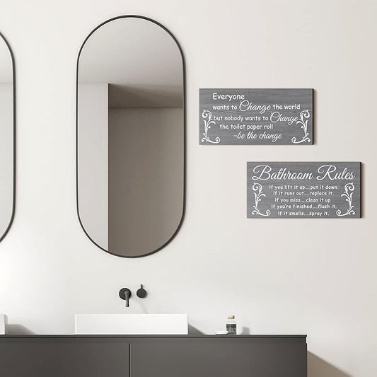 Jetec 2 Pieces Funny Bathroom Signs Bathroom Wall Decor Toilet Wall Accessories Farmhouse Toilet Rustic Wooden Signs, 12x6 Inch(Elegant Style)