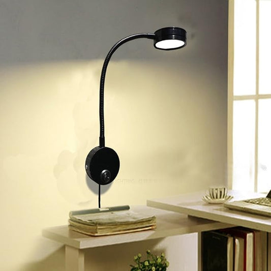 Onerbuy Youngine 5W Plug Wired Flexible Gooseneck Wall Sconce Reading Lamp Art Works Show Accent Light Wall Mount Spot Lamp Fixture with On/Off Switch (Round Black-Warm White)