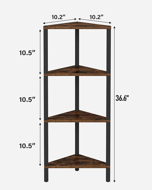 TUTOTAK Corner Shelf, 4-Tier Corner Bookshelf for Small Space, Narrow Display Corner Shelf Stand with Storage Rack, for Living Room, Bedroom, Rustic Brown BS05BB004