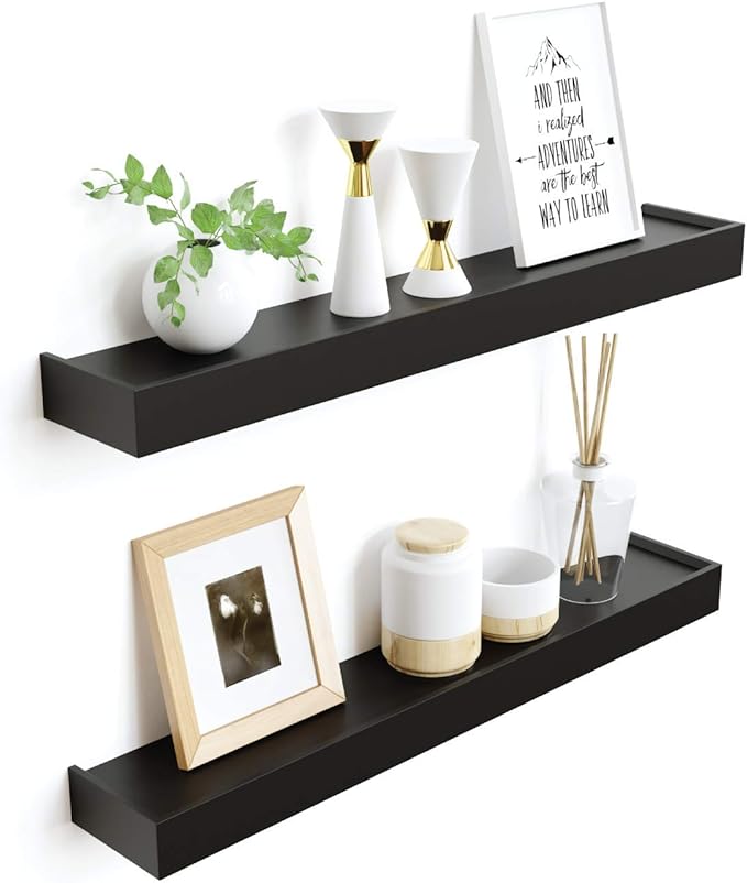 Ballucci Modern Floating Shelves 24", Set of 2 Wood Wall Mount Ledges for Nursery, Living Room, Bathroom, Kitchen, Office, Black