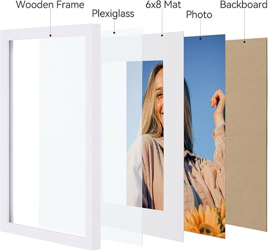 Vittanly 8.5x11 Picture Frames Set of 4, Display Pictures 6x8 with Mat or 8.5x11 without Mat, Gallery Wall Frame Set for Wall Mounting, Engineered Wood with Shatter Resistant Plexiglass, White