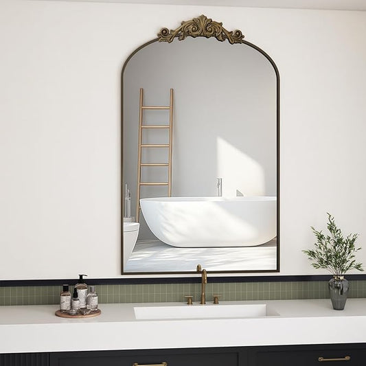 Vintage Wall Mirror, 24"x36" Arched Mirror for Vanity, Antique Decorative Mirrors with Carved Metal Frame for Bedroom, Living Room, Entryway, Fireplace, Hallway, Bronze