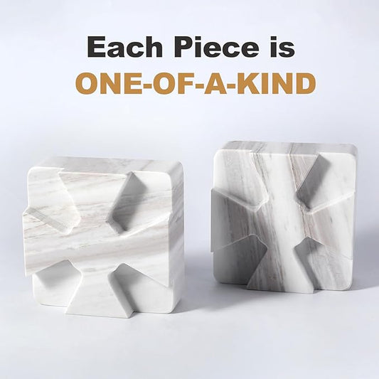 Decorative Square Marble Bookends for Heavy Books – Unique Book Ends for Shelves – Modern Aesthetic Book Holder/Stopper with Non-Slip Pads for Chic Home, Office, or Library Decor, Volakas
