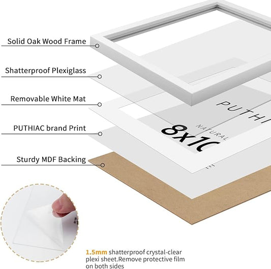 puthiac Picture Frame, White 8x10, Natural Solid Wood, 1 Pack