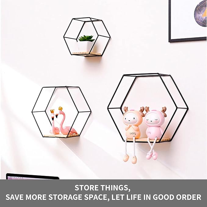 Wall Mounted Hexagonal Floating Shelves Black Set of 3 in Different Sizes, Modern Metal Wall Shelf, Simple Wood Partition Storage Shelves, Wall Decor Rack for Bedroom, Living Room, Kitchen and Office