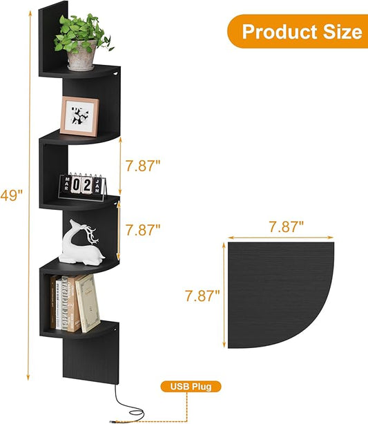 Corner Shelf Wall Mount with LED Light, 5 Tier Floating Corner Bookshelf, Plant Shelf for Bedroom, Floating Shelves for Wall, Display Stand for Living Room, Bathroom, Home Office, Black