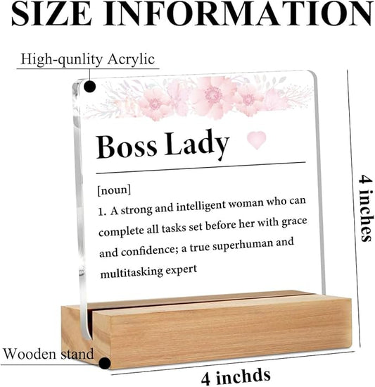 Best Boss Lady Gifts For Women Clear Desk Decorative Sign Appreciation Gift for Going Away Boss Day Acrylic Sign with Wooden Stand Table Plaque Keepsake Home Office Desk Shelf Cubicle Decor