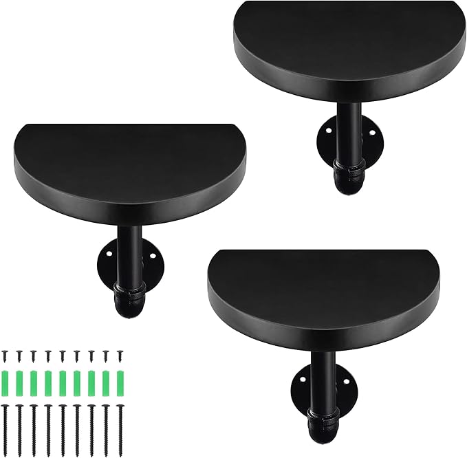 Navaris Industrial Pipe Shelf Set - 3 Small Rounded Wood Shelves with Shelf Brackets - 7.9" x 5.9" Wall-Mounted Wooden Shelving - Size S, Black