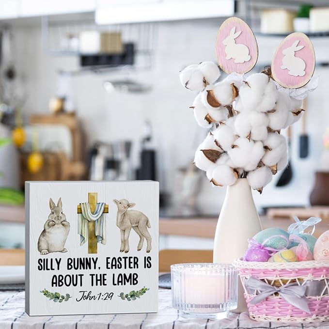 Religious Easter Decorations Christian Easter Decor Rustic John 1:29 Spring Decor Bible Verse Wooden Box Sign for Home Office Bedroom Living Room Desk Shelves