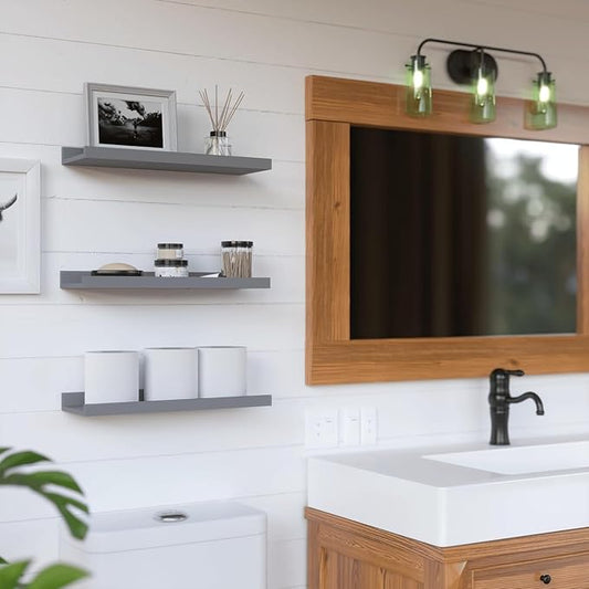 RICHER HOUSE 3 Set Floating Shelves for Wall, 16 inches Wall Mounted Shelves with Lip for Storage, Display Picture Ledge Shelf for Bedroom Bathroom Kitchen Living Room Decor, Modern Grey