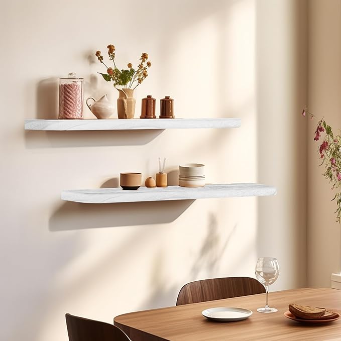Floating Shelves 36 Inches Long, Set of 2 Solid Rustic Wood Wall Mounted Shelves, Wall Picture Ledge Shelf with Invisible Metal Brackets for Living Room, Bedroom, Bathroom, White