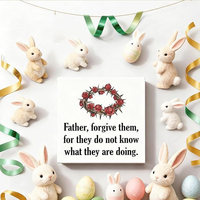 Christian Easter Decor Wooden Bible Verse Sign Father Forgive Them, Religious Crown of Thorns Design, Rustic Farmhouse Wall Desk Shelf Decoration