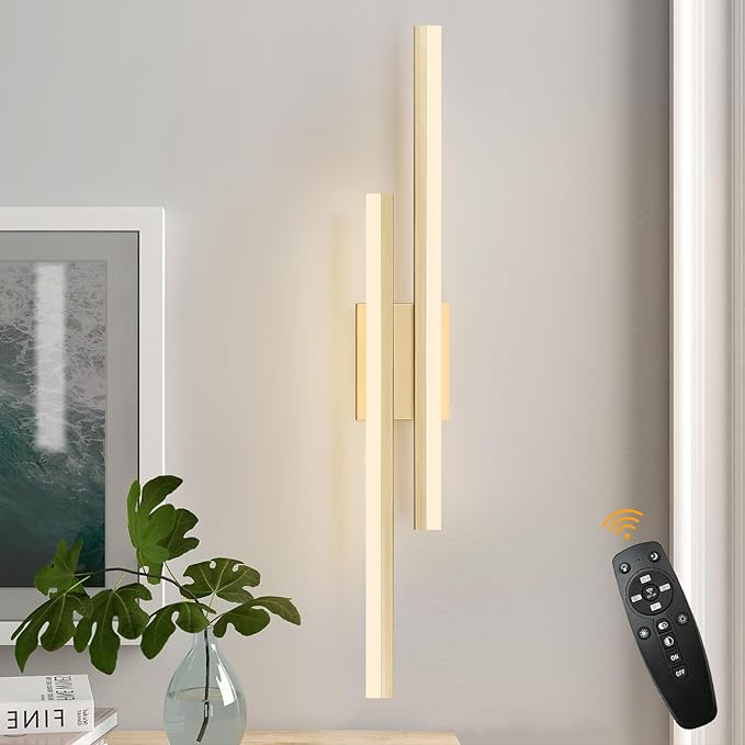 LED Wall Sconce Gold Modern Remote Wall Light Fixtures for Living Room, Dimmable LED Vanity Light Indoor Remote Wall Sconce for Bedside Bedroom Bathroom Dining Room, 31.5inch 1 Pack