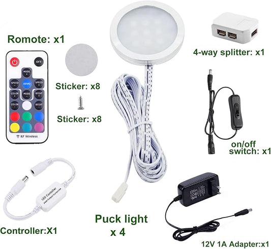 AIBOO RGB Color Changing LED Under Cabinet Lights Kit, Aluminum Slim Multi Color Puck Lights for Kitchen Counter Furniture Holiday Ambiance Christmas Decor Lighting (4 Lights)