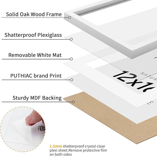 puthiac 12x16 Solid Oak Wood Picture Frame, Fits 8x12 with Mat or 12x16 Without Mat, Wall Display Only, Vertical or Horizontal, Plexi Front, 1 Pack, White