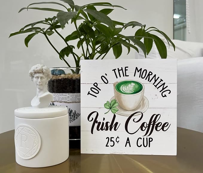 St. Patrick's Day Decor, Wooden Box Sign Desk Decor, White Wood Box Sign, Irish Coffee Sign, Kitchen Decor for Table Shelf, Farmhouse Decor for Irish Coffee Bar, Coffee Lover Home Decor