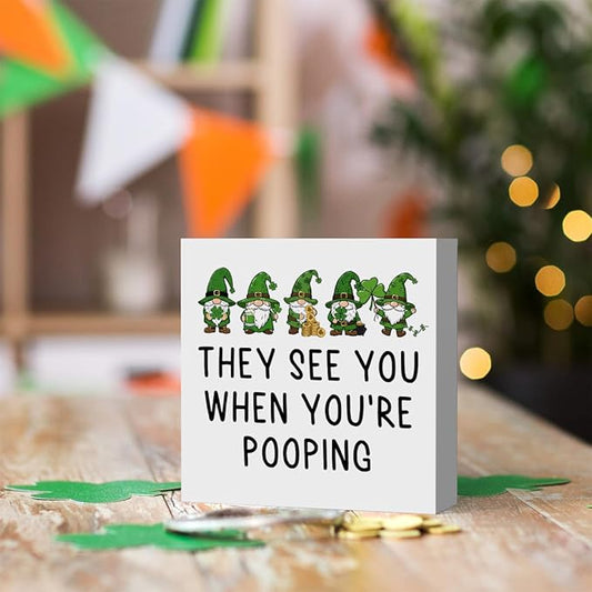 St Patricks Day Decor Funny Bathroom Shamrock Decor Green Gnome Would Poop Here Again Wood Sign Funny Home Tabletop Shelf Desk Decor 5 X 5 Inches