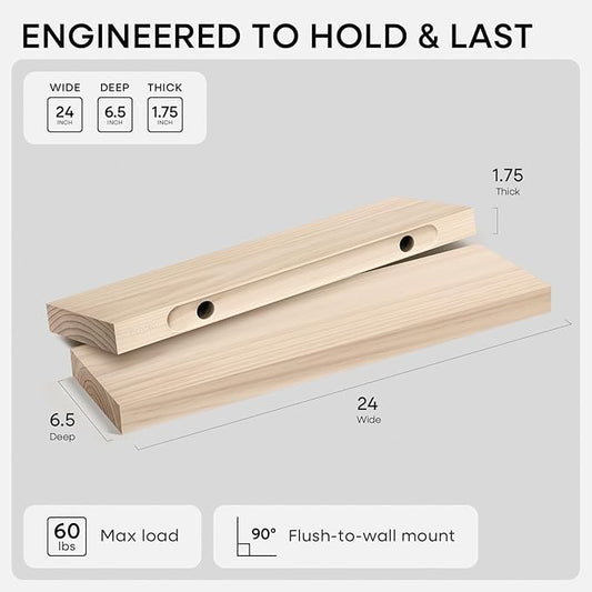 Homeforia 24 inch Wood Floating Shelves, High End Solid Natural Wood 24inch Floating Shelf for Wall, Unfinished Wooden 24 inches Floating Shelves, Heavy Duty Bracket, 24 X 6.5 X 1.75 in, Set of 3