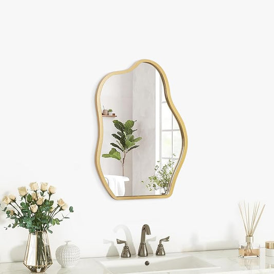 Gold Mirror for Wall Decor Small Asymmetrical Modern Wooden Framed Hanging Wall Mirror Unique Shape Wall Mounted Vanity Artistic Mirror Decorative for Living Room Bedroom Bathroom Entryway