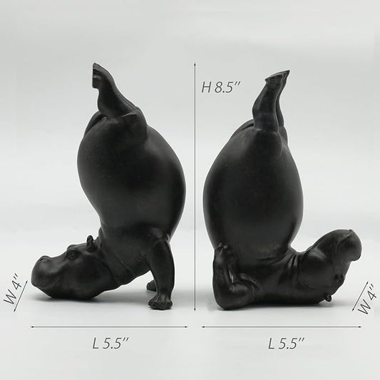 Lukitas Upside Down Hippo Decorative Bookends, Non-Slip Book Holders, Whimsical Animal Ornaments for Office Home Bookshelf Decor, Black, Resin 8.5''