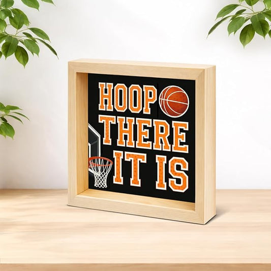 Basketball Home Decor - Gift for Basketball Lover - Double-sided Wood Box Sign for Home Kitchen Farmhouse Office Tiered Tray Desk Shelf Decor