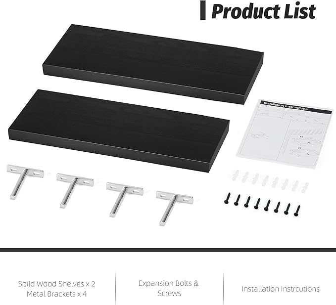 Floating Shelves (Set of 2) – Wall Mounted Shelves for Home Décor and Storage, Natural Pine Wood, Suitable for Living Room and Bedroom (Black, 15.7" x 5.7" x 1.0")