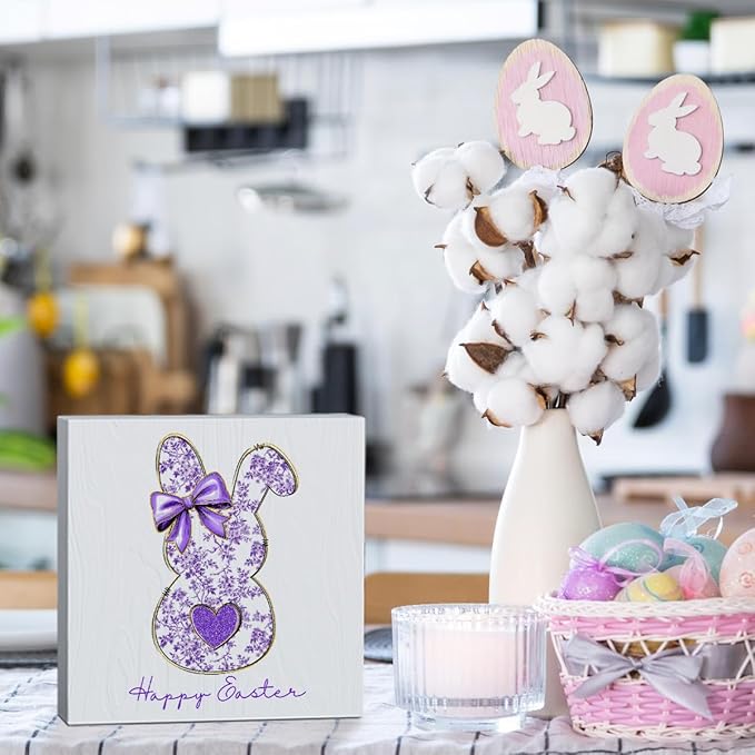 Purple Happy Easter Sign Easter Table Decor Bow Bunny Decor Blue And White Chinoiserie Decor Wooden Box Sign for Home Office Bedroom Living Room Desk Shelves