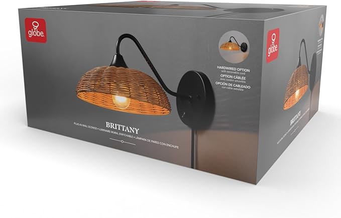 Globe Electric Plug-in or Hardwire Wall Sconce, Matte Black, Paper Twine Shade, 6-Foot Cord, Rotary Switch, 65000105