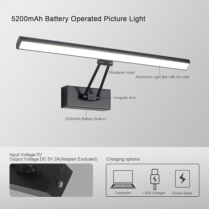 Picture Light, 13.5" Art Light, Black Picture Light Battery Operated,3CCT,Wireless Picture Lights with Remote, Light Over Picture Frame for Wall Painting(Black)
