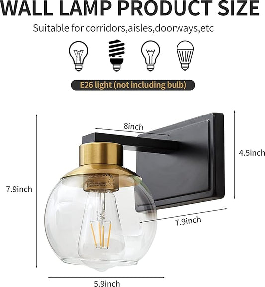 Bathroom Sconces Set of 2, Black and Gold Wall Sconces Set of Two, Bathroom Vanity Light with Clear Glass Shade, Modern Wall Light Fixtures for Bath Mirror Hallway Bedroom Living Room, Hardwired