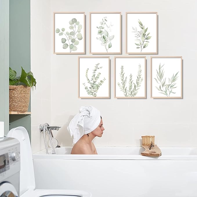 NCYEL Botanical Plant Wall Art Boho Bathroom Decor Wall Art Prints Light Green Eucalyptus Leaf Picture Canvas Wall Art Minimalist Floral Wall Decor for Bedroom Living Room Bathroom Kitchen Unframed