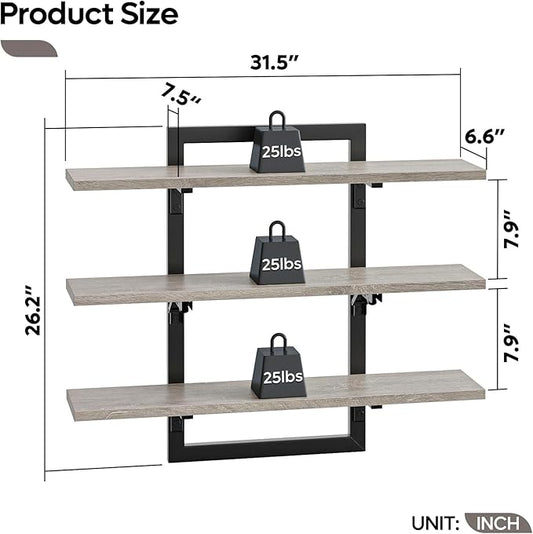 Bestier Floating Shelves for Wall, 32 inch Kitchen Shelves Wall Mounted, 3 Tier Coffee Bar Shelf with Foldable Brackets, Industrial Display Shelf for Bathroom, Living Room, Retro Grey