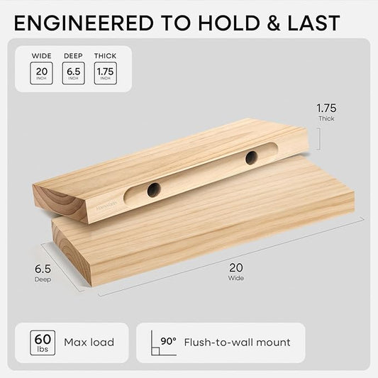 Homeforia 20 inch Natural Floating Shelf, High End Solid Real Wood 20inch Small Floating Shelves for Wall Mounted, Natural Wooden Floating Shelves, Heavy Duty Bracket, 20 X 6.5 X 1.75 in, Set of 2