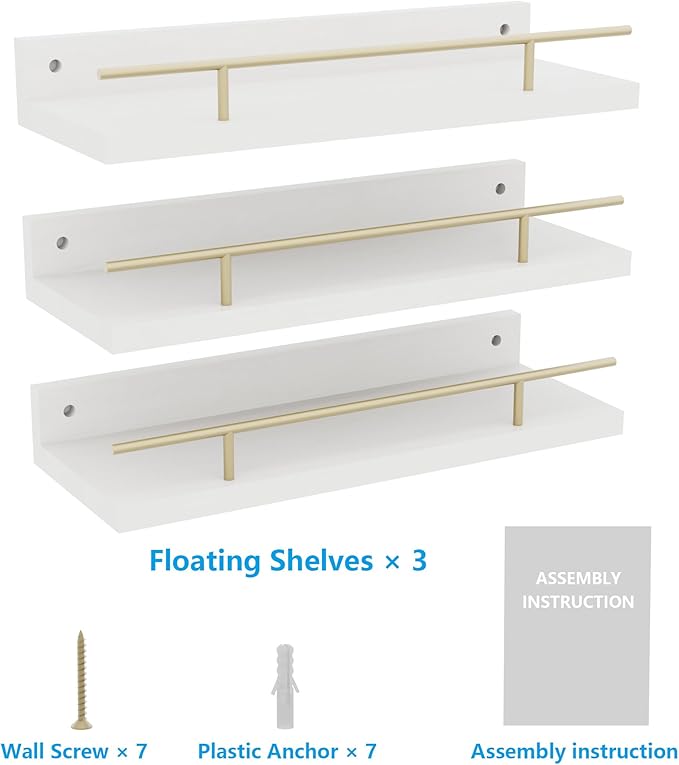 Floating Shelves with Metal Guardrail, Wall Decor Shelves for Bathroom, Living Room and Bedroom, (Gold-White) Shelves for Home Decor