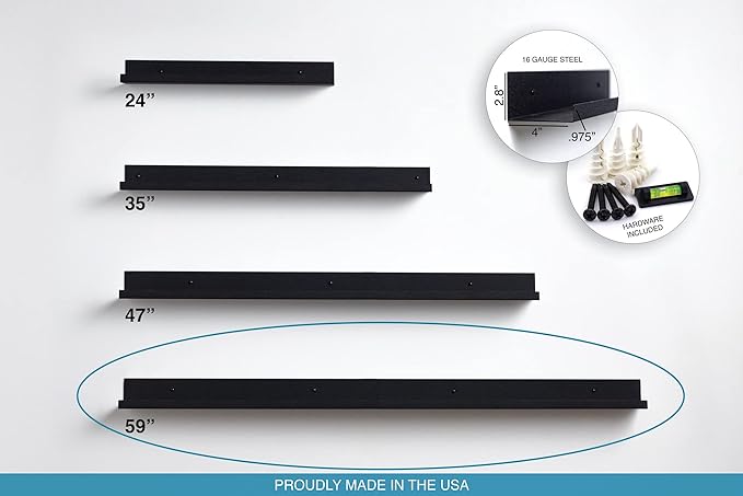 Infinite Design 60" Metal Floating Wall Shelf | Modern Black Powder-Coated Steel Ledge, Made in USA | Wall-Mounted Shelf for Living Room, Kitchen, Bathroom, Bedroom or Office
