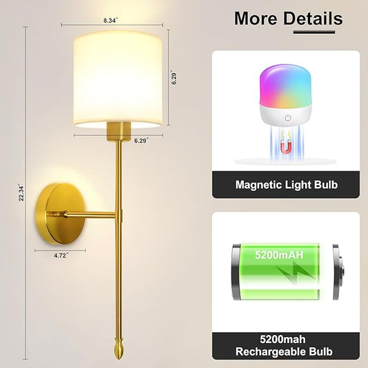 Battery Operated Wall Sconce Set of Two, 15 Colors Rechargeable Wall Lamp with Dimmable Bulbs and Remote, Gold Wireless Wall Sconce for Bedroom Living Room Hallway
