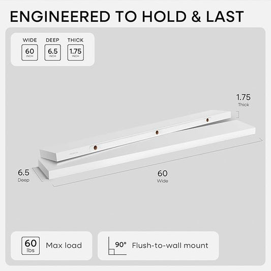 Homeforia Floating White Shelf 60 inches, High End Solid Real Wood 60inch Long Floating Shelves for Wall Mounted, White Wooden 60in Floating Shelves, Heavy Duty Bracket, 60 X 6.5 X 1.75 inch, Set of 3