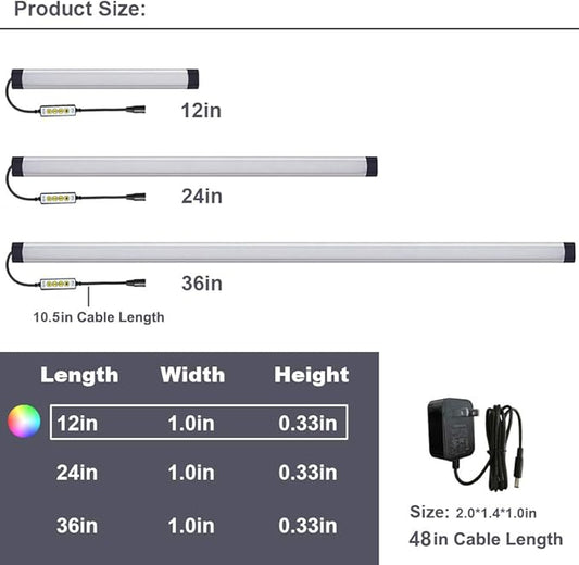 Dimmable Under Cabinet Lighting, RGB LED Light Bar, Inline Control Lamp, Multicolor Under Counter Lights for Desk, Room, Cupboard, Hallway, Shelf, Closet (12 Inch)
