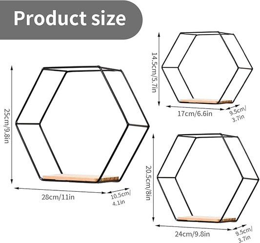 Wall Mounted Hexagonal Floating Shelves Black Set of 3 in Different Sizes, Modern Metal Wall Shelf, Simple Wood Partition Storage Shelves, Wall Decor Rack for Bedroom, Living Room, Kitchen and Office